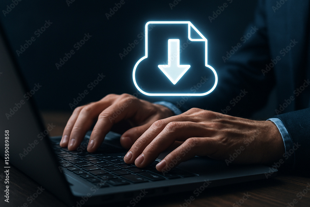 Poster person typing on laptop with cloud download icon hovering above the keyboard in a dark setting