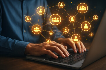 Person typing on laptop with social network connection overlaying the screen and the person's hands