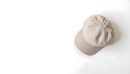 Stylish beige cap with a rounded crown and flat brim, positioned on a clean white background, showcasing modern fashion accessories for casual wear and outdoor activities