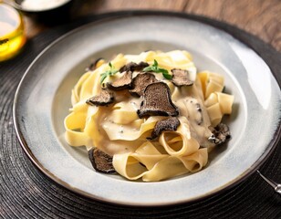 a plate of tagliatelle with truffle cream sauce featuring long flat noodles tossed in a rich and creamy sauce made with truffles cream and parmesan cheese a luxurious and flavorful pasta dish