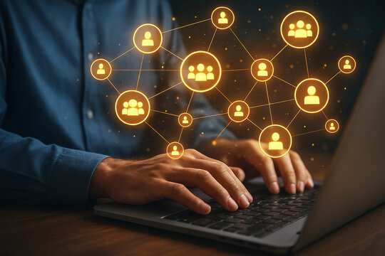 Person typing on laptop with social network connection overlaying the screen and the person's hands