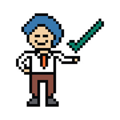 Fototapeta premium Cartoon cute pixel cartoon 8bit character business man businessman smart work check list decoration business 8 bit male plan to do character office work game 8 bit png vector.