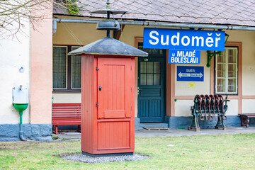 Sudomer u Mlade Boleslavi train station building with historical equipment showing old railway...