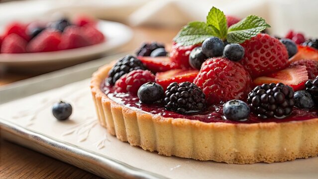 Fresh berry tart with glossy glaze and mint garnish fruit strawberry - Powered by Adobe