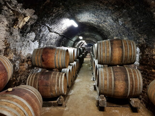 Wine barrels aging in the cellar of a winery in Bataapati, Hungary