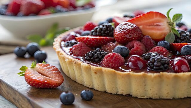 Fresh mixed berry tart with glossy glaze closeup berries strawberry - Powered by Adobe
