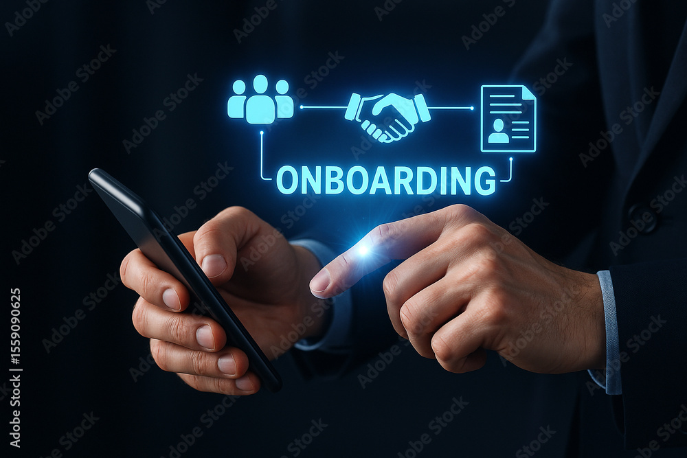 Poster a person using a smartphone with an onboarding graphic overlay on a dark blue background image view