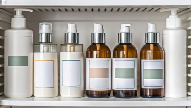 A neatly arranged row of assorted pump bottles and dispenser containers, likely for personal care or cosmetic use, on a white shelf.
