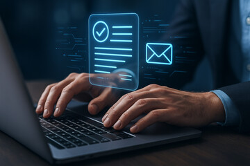 Person typing on a laptop with digital document and email icons floating above the keyboard area