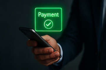 A person holding a phone with a green payment confirmation icon displayed on the screen above it