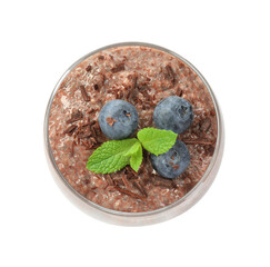 Delicious chocolate pudding with chia seeds and blueberries in glass isolated on white, top view