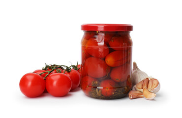 Tasty pickled tomatoes in jar, fresh ones and garlic isolated on white