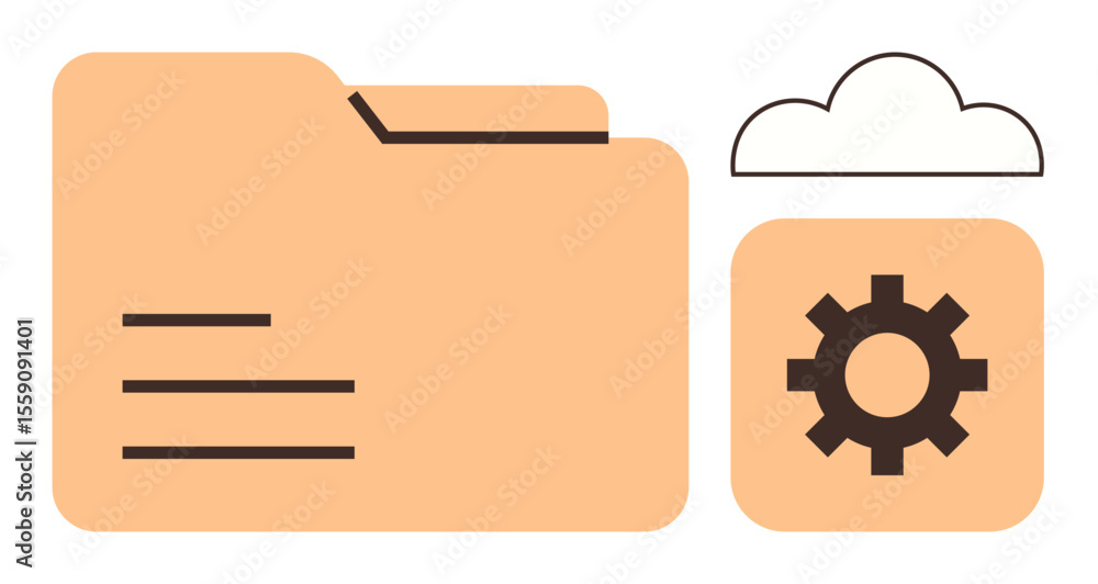 Poster folder next to cloud storage and gear symbolizing digital file management, data storage, and system 