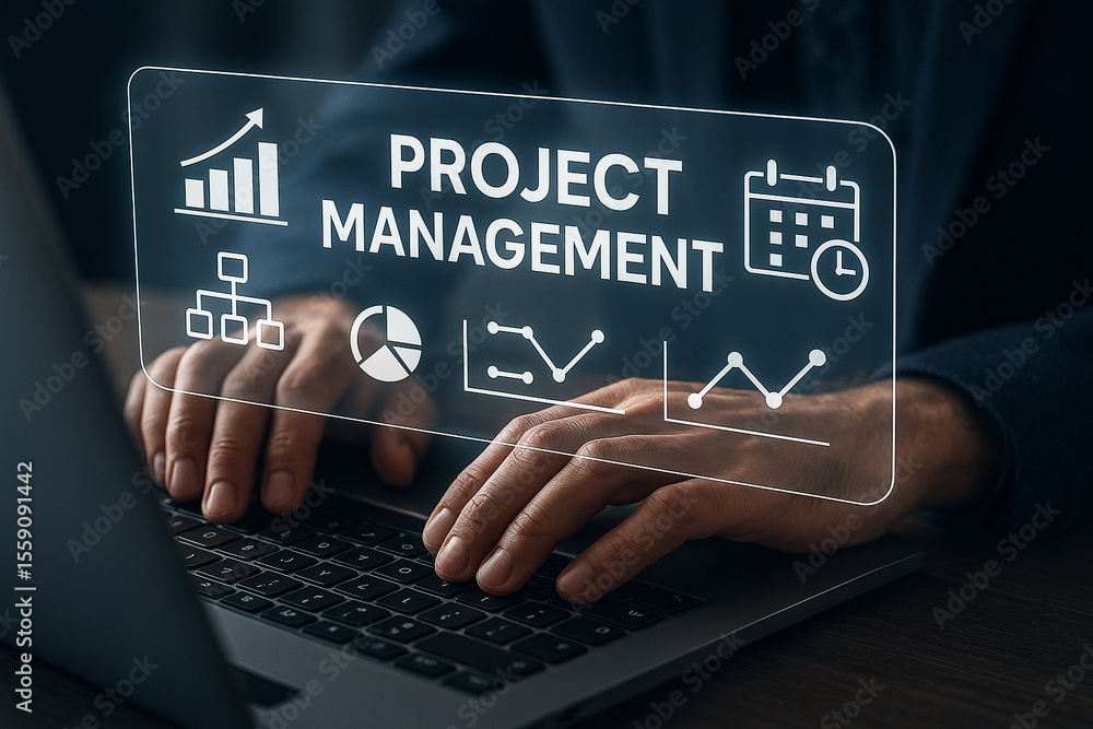 Poster person typing on a laptop with a project management overlay graphic displayed above the keyboard are
