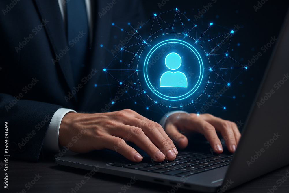 Poster man typing on laptop with blue person icon and network graphic overlay representing digital identity
