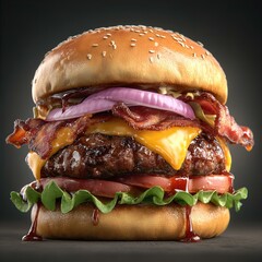 Juicy Bacon Cheeseburger with BBQ Sauce: Gourmet Burger Photography, Delicious Food Image, Restaurant Menu Photo
