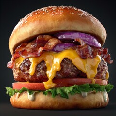 Juicy Cheeseburger with Bacon and Red Onion: Gourmet Burger Photography, Delicious Food Image, High-Quality 3D Render