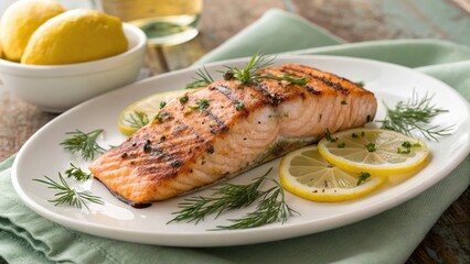 Grilled salmon with lemon and dill fish seafood