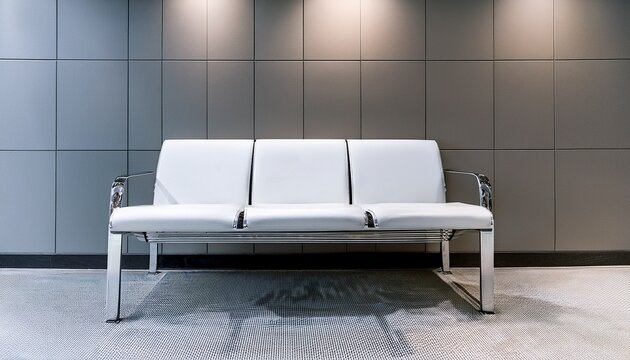 modern minimalist waiting bench against a tiled wall in a clean bright lobby or hallway the sleek white leather and chrome legs create a professional calm atmosphere ideal for business or design