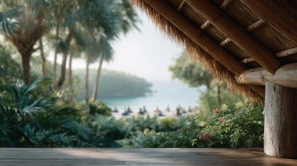 View of a beach with palm trees and a wooden hut