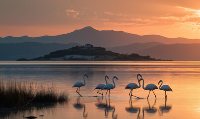 Naklejka premium A group of flamingos wade in the shallow waters at sunrise