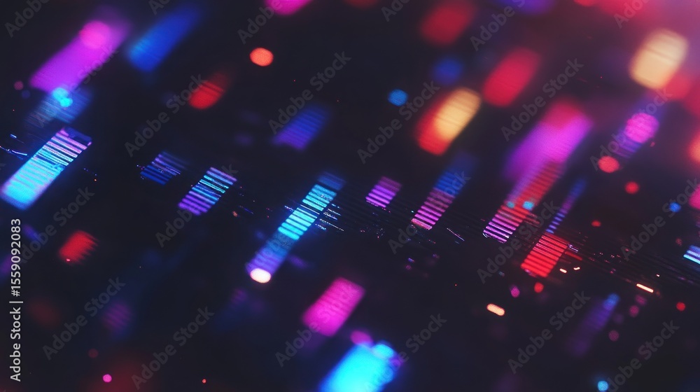 Poster abstract neon grid: vibrant lines and bokeh lights on dark background
