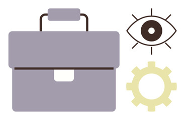 Briefcase symbolizing business, eye for vision, and gear representing process. Ideal for work culture, efficiency, strategy, innovation, career growth teamwork planning. Flat and simple metaphor