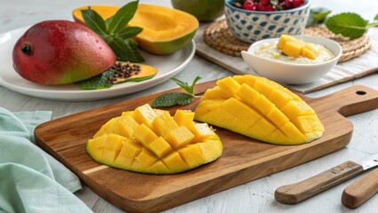 Ripe mangoes prepared for eating with fresh mint fruit tropical
