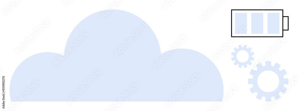 Poster cloud with battery indicator and gears signifying cloud technology, energy efficiency, and system op