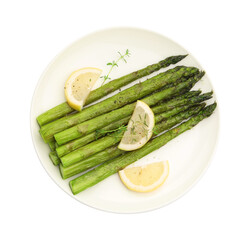 Tasty cooked asparagus with lemon and thyme isolated on white, top view
