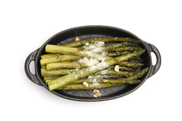 Tasty cooked asparagus served with parmesan isolated on white, top view