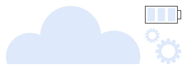 Cloud with battery indicator and gears signifying cloud technology, energy efficiency, and system optimization. Ideal for innovation, storage, sustainability, automation, progress, tech simple flat
