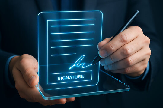 Man signing a digital contract on a transparent tablet with a stylus in a dark blue environment