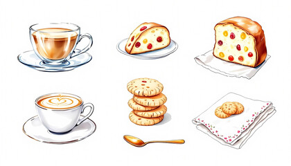 Delicious coffee and pastry duo featuring slices of fruitcake and cookies for breakfast delight.