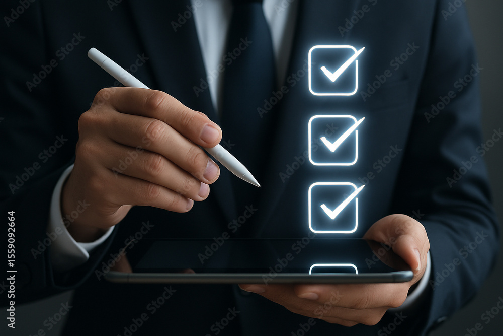 Poster businessman using tablet with digital pen to complete checklist with glowing checkmarks on screen
