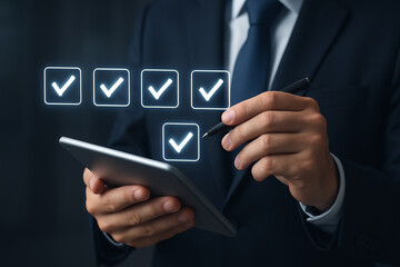 Businessman completing checklist on tablet with pen and check marks in a dark blue suit and tie