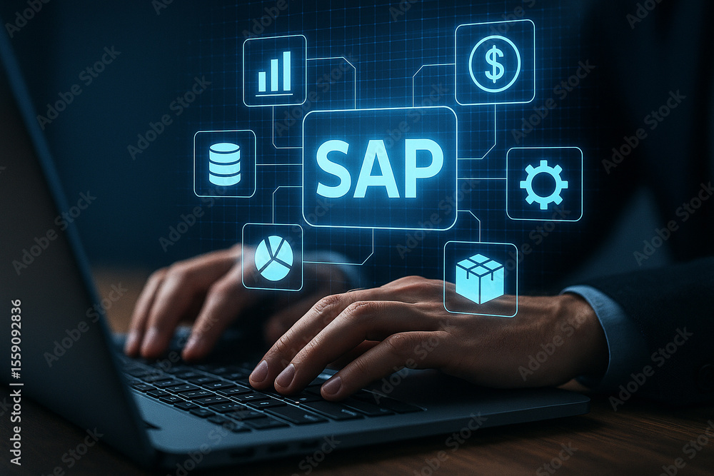 Aufkleber person typing on laptop with sap graphic overlay showing data and business related icons around it