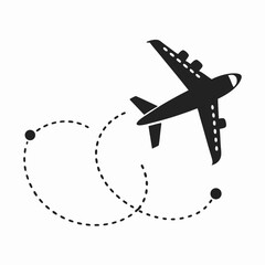 Airplane with dotted line route. flying plane with twisted, curved and straight dashed trace path.
