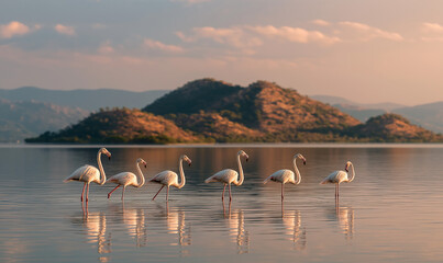 A group of flamingos wade in the shallow waters at sunrise
