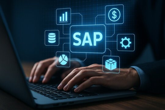 Person typing on laptop with sap graphic overlay showing data and business related icons around it - Powered by Adobe