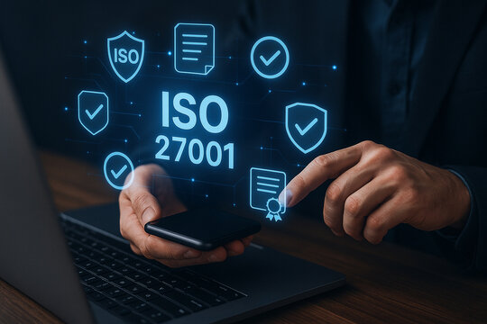 A person interacting with iso icons and iso text on a screen while holding a smartphone device