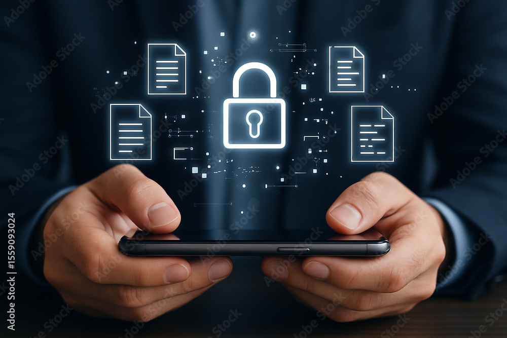 Poster a person holding a phone with a digital padlock and document icons floating above the screen area