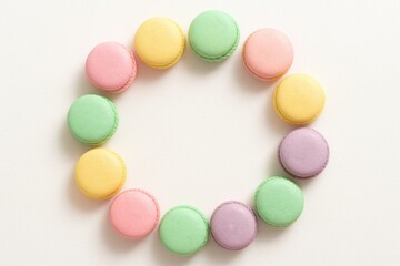 Colorful macarons arranged in a circular pattern on a light background, showcasing pastel shades of pink, yellow, green, and purple.