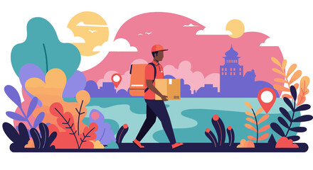 A modern delivery person walks through a vibrant, stylized urban landscape carrying a package, symbolizing fast and efficient logistics services.