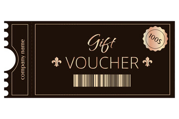 Gift certificate, coupon, black background, bronze letters, medallion, quality mark, royal lily, barcode, $100, company name