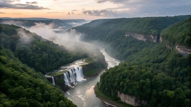An aerial view of a stunning waterfall cascading down a lush green valley, with mist rising from the river below - Powered by Adobe