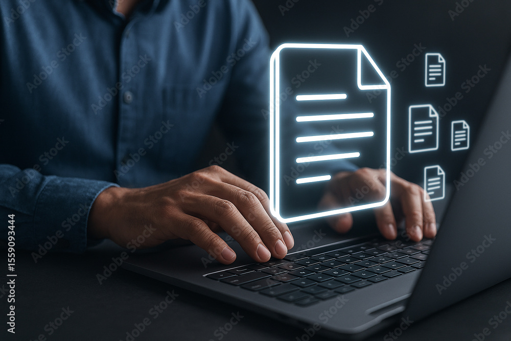 Poster person typing on laptop with document icons floating above the keyboard in a dark environment