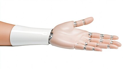 A realistic prosthetic robotic hand with articulated fingers and a sleek white forearm, designed for advanced functionality and human-like movement.