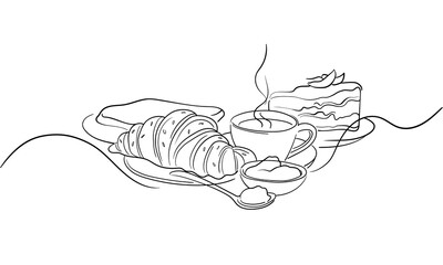 Croissant and coffee with a piece of cake, drawn in one line style. Breakfast theme with lineart sauce and coffee for logo and posters, simple sketch design. Vector illustration 