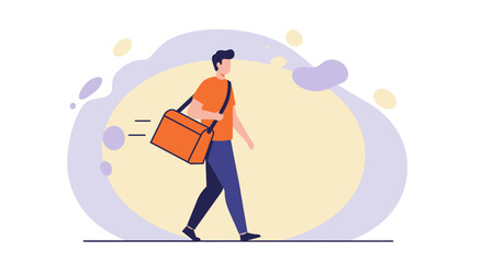 a man in an orange shirt and blue jeans walking with a large orange bag over his shoulder. Suitable for landing page, banner, marketing, web design, presentation, infographic, etc.